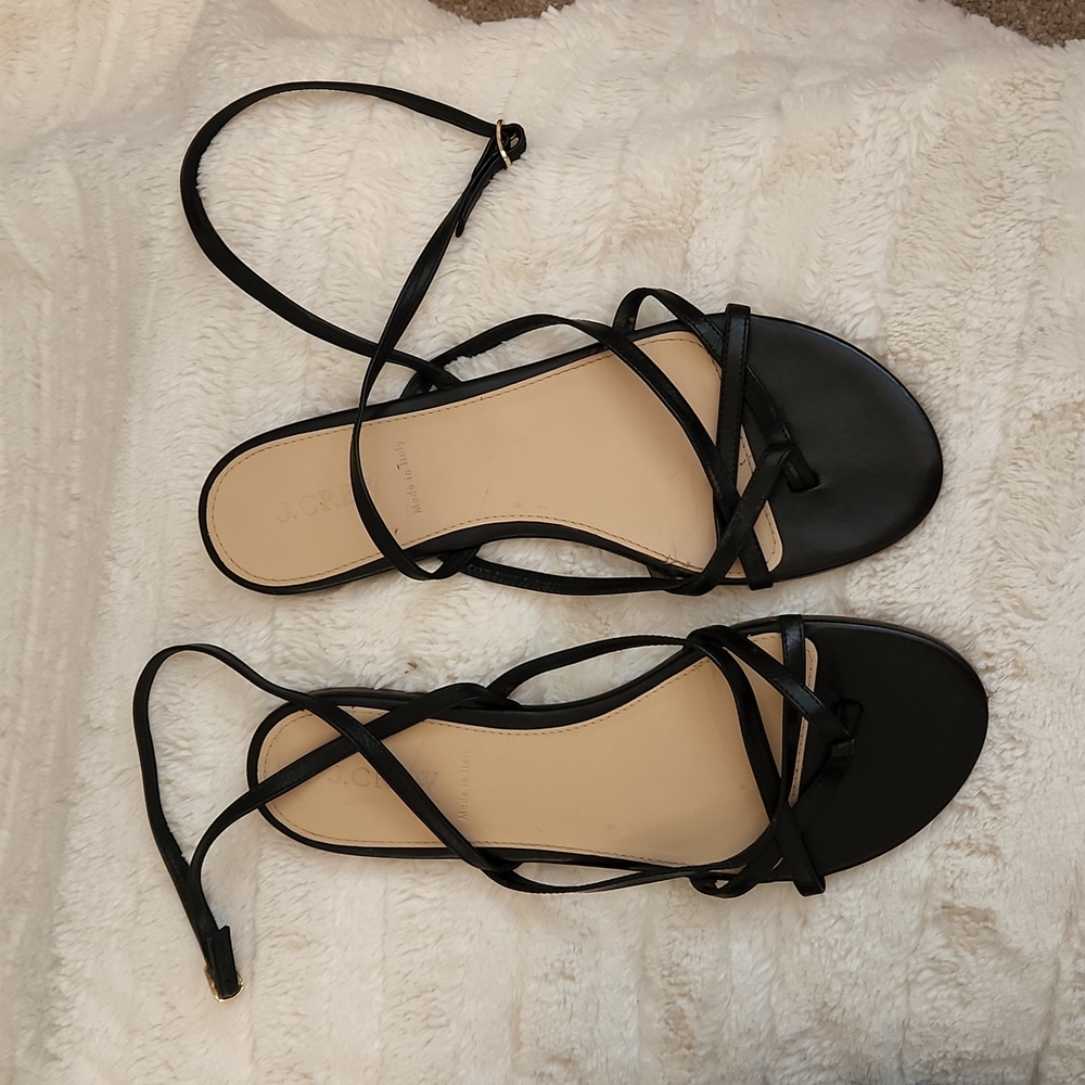 JCrew Black Leather Ankle Wrap Sandals Size 10